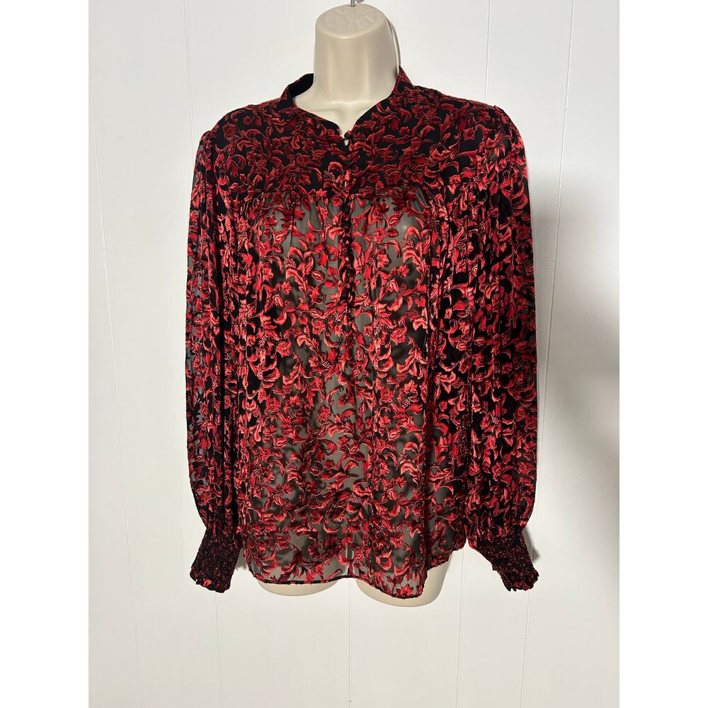 Alice + Olivia Women's XL Red and Black Floral Sheer Button Up Blouse Silk Blend